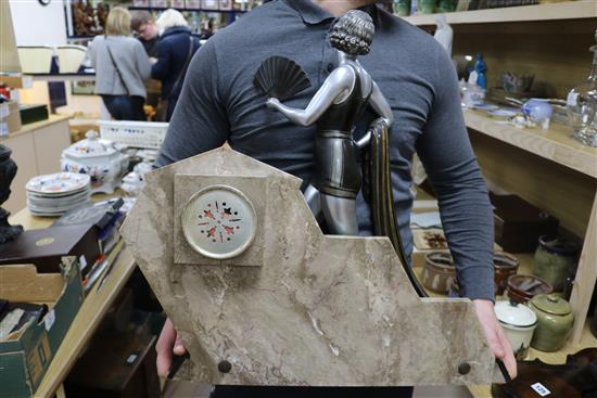 A French Art Deco bronzed spelter and marble mantel clock, the dial signed Divay height 58cm